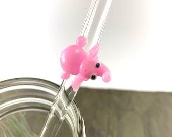 Pink Elephant on a Bent Clear Glass Drinking Straw- Reusable- Customize Your Length- Free Cleaning Brush and Gift Wrap