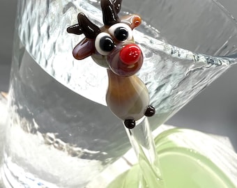 Reindeer Glass Stir Stick- Holiday Red Nose Reindeer- Christmas Cocktail Swizzle Stick