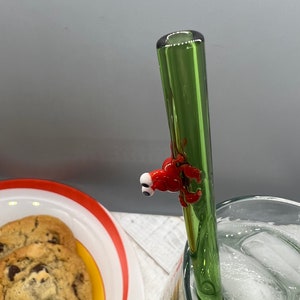 Red Crab on A Straight Green Glass Straw- 9 inches long, 9mm wide- Free cleaning brush and gift wrap