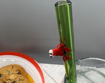 Red Crab on A Straight Green Glass Straw- 9 inches long, 9mm wide- Free cleaning brush and gift wrap