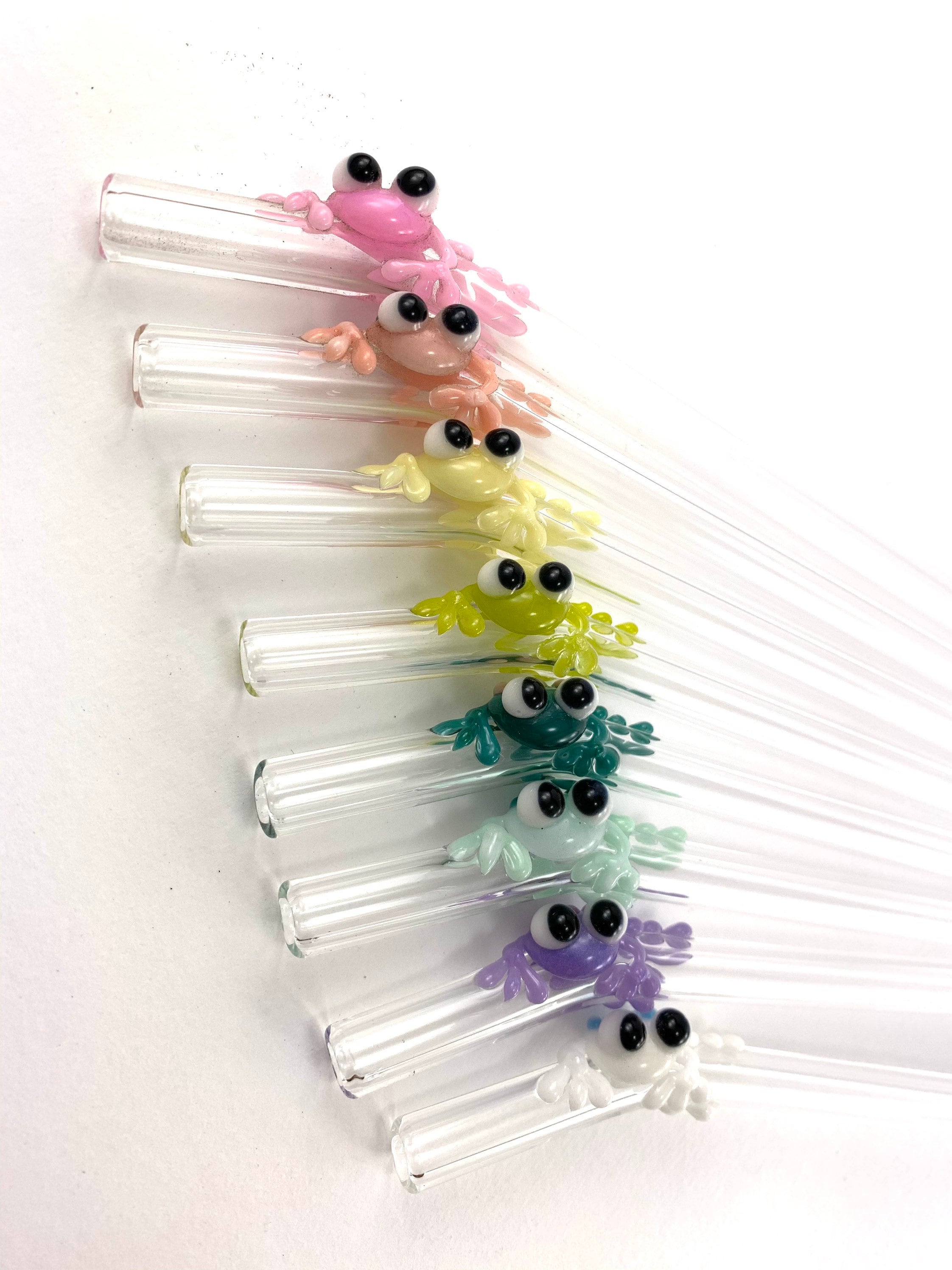 Hummingbird Glass Straws Caramel Frog on Clear Bent 9 in x 9.5 mm with Cleaning