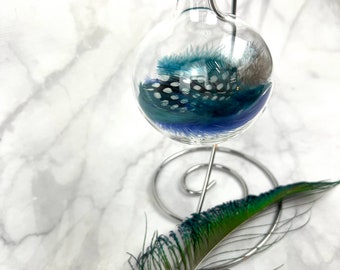 Handblown Glass Peacock Tea Blue and Gray Feather Ornament- Free gift box