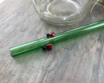 Ladybugs on a Straight Green Glass Drinking Straw- Reusable- Customize Your Length- Free Cleaning Brush and Gift Wrap