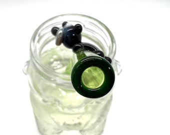 Teddy Bear Jar To Go Cup with Bear on a Bent Lime Green Glass Straw-  8oz
