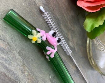 Bubblegum Pink Frog with Daisy Flower on A Bent Green Glass Straw- 8 inches long, 9mm wide- Free cleaning brush and gift wrap