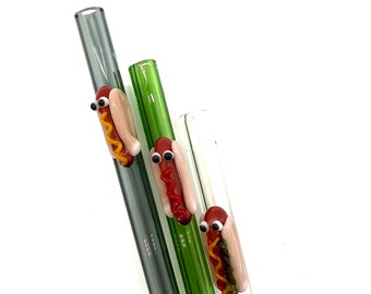 Hot Dog on a Glass Drinking Straw- Customize Your Straw Length, 9mm Straight Glass Straw- Free cleaning brush and gift wrap