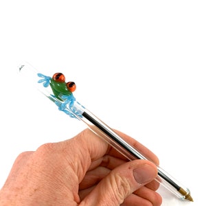 Tree Frog on a Clear Glass Writing Pen- FREE Gift Box- Black Ink Pen