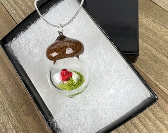 Miniature Acorn Terrarium Pendant Necklace with Mushroom Garden Scene- Tiny Fairy Garden