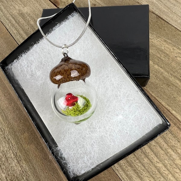 Miniature Acorn Terrarium Pendant Necklace with Mushroom Garden Scene- Tiny Fairy Garden