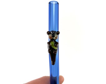 Sea Otter on A Bent Transparent Cobalt Blue Glass Straw- FREE Cleaning Brush- 9 inches long