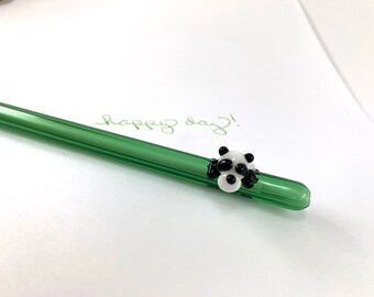 Panda Bear on a Green Glass Writing Pen- FREE Gift Box- Green Ink Pen