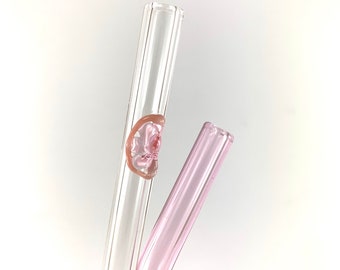 Glass Straw Set- Pink Grapefruit Slice on a Clear Straight Straw and a Bent Pink Straw- Free Cleaning Brush and Gift Wrap