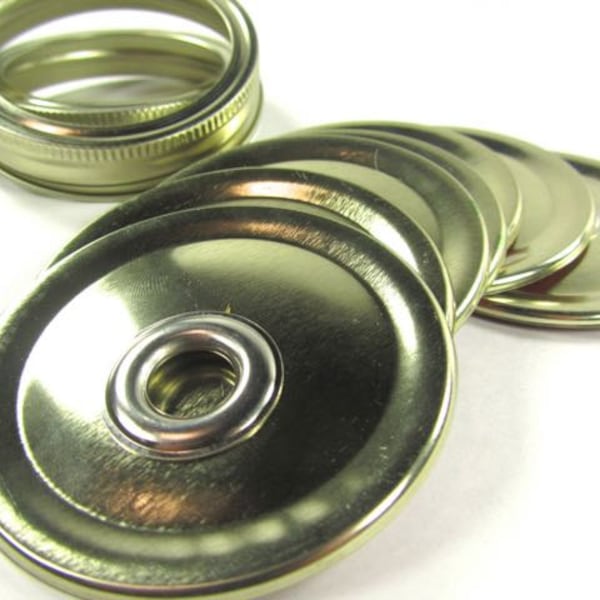 Gold Jar To Go Cup Lid- Silver Tone Grommet-  Regular Mouth Jar- Mason Jar To Go Cup Lid