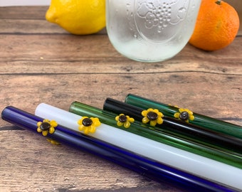 Pretty Sunflower Glass Drinking Straws- Free Cleaning Brush and Gift Wrap