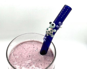 Turtle and Purple Flowers on A Bent Blue Smoothie Glass Straw- FREE Cleaning Brush- 9 inches long