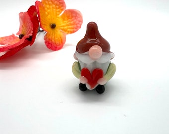 Valentines Glass Miniature Gnome Figurine- Valentine Heart- Sage- Valentines Day Glass Gnome- Free Gift Box