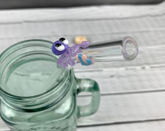 Tiny Lavender Octopus and Sea Shell on a Bent Clear Glass Drinking Straw- Reusable- Customize Your Length- Free Cleaning Brush and Gift Wrap