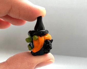 Glass Miniature Gnome Witch Figurine- Black Cat Friend - Miniature Glass Witch- Free Gift Box