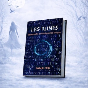 May include: A book titled "LES RUNES" with the subtitle "Comprendre et Pratiquer les Tirages" is displayed against a snowy, moonlit backdrop. The cover features a blue design with runes and the author's name, Isabelle FERY.