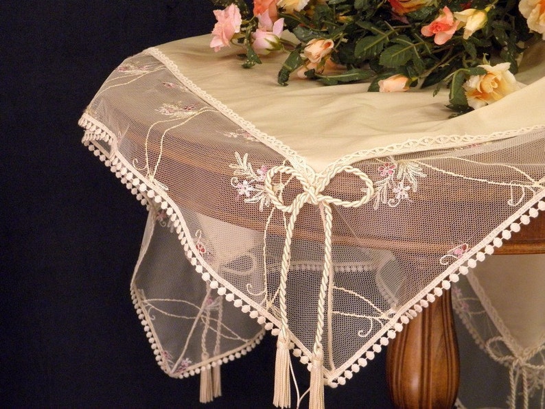 Very elegant Silk Tablecloth with fuchsia flowers embroidered Etsy
