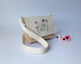 Little messenger  bag in beige suede with hand embroidered flowers ideal gift for little girl