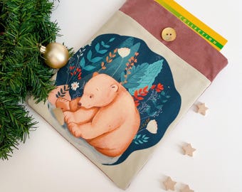 Couvre  livre en tissu velour et coton  ,personnalisée,avec motif imprimé ours