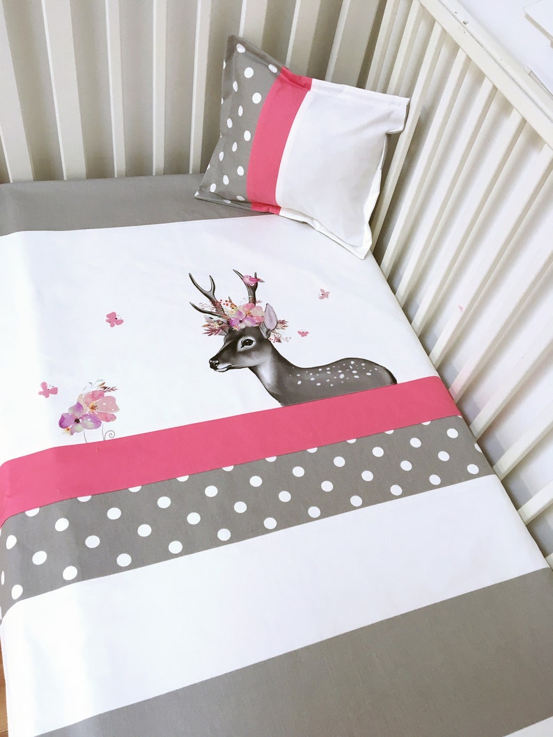 Girl Crib Bedding Set Woodlanddeerbohoflowers Pink Grey Etsy
