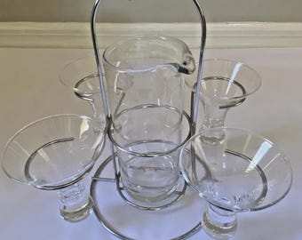 Rare 1950's Chrome Cordial Cocktail Caddy Set Glass Carafe & 4 Ball Stem Glasses