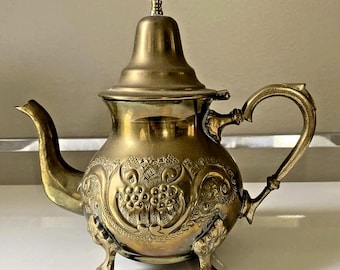 Moroccan Style Brass Footed Teapot Decorative Embossed Detail - Grapes