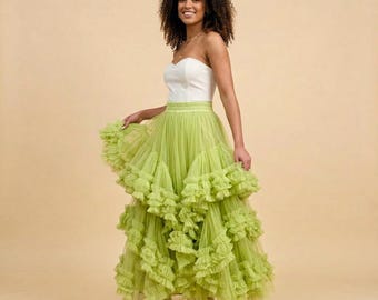 Tyllkjol med volang, Flerstegs tyllkjol, Layered tyllkjol i midimodell, Boho tyllkjol i midimodell, Tyllkjol för vuxna, Aftonkjol, Fluffig tyllkjol