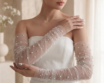 Fingerless tulle gloves, Pearl tulle wedding gloves,Tulle bridal gloves,Pearl tulle bridal sleeves,Sheer bridal gloves,Tulle wedding sleeves