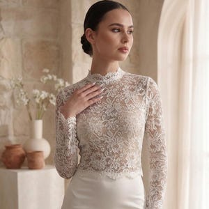 Kurzes Spitzen-Hochzeitstop, Spitzen-Brauttop, Langarm-Spitzentop, Transparentes Brauttop, Kurzes Hochzeitstop, Oberteil für das Brautkleid, Spitzen-Kleideroberteil