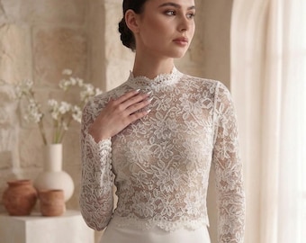 Top corto da sposa in pizzo, Top da sposa in pizzo, Top a maniche lunghe in pizzo, Top da sposa trasparente, Top corto da matrimonio, Soprabito per abito da sposa, Soprabito in pizzo per abito