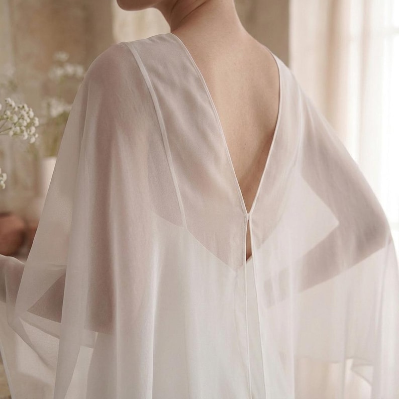May include: A sheer white garment featuring a deep V-neckline that extends down the back. The piece has wide, flowing sleeves and a lightweight, semi-transparent fabric construction that drapes loosely over the shoulders and upper torso area.