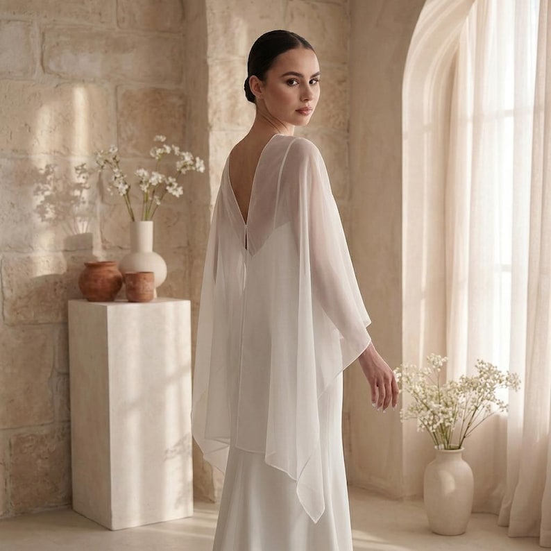 May include: A floor-length white gown featuring a sheer, flowing cape overlay with a deep V-shaped back. The garment is constructed from a solid opaque fabric base with a lightweight, translucent chiffon-style material draped over the shoulders.