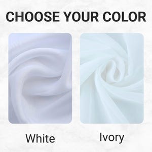 May include: A color comparison chart with the text CHOOSE YOUR COLOR at the top. Two swatches of fabric are displayed side by side. The left swatch is labeled White and shows a bright white fabric. The right swatch is labeled Ivory and shows an off-white fabric.