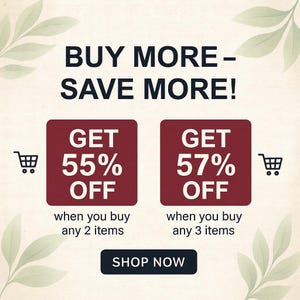 May include: An advert with the text "BUY MORE - SAVE MORE!" Two maroon rectangles display "GET 55% OFF" and "GET 57% OFF" with shopping cart icons. The text "SHOP NOW" is on a black button.