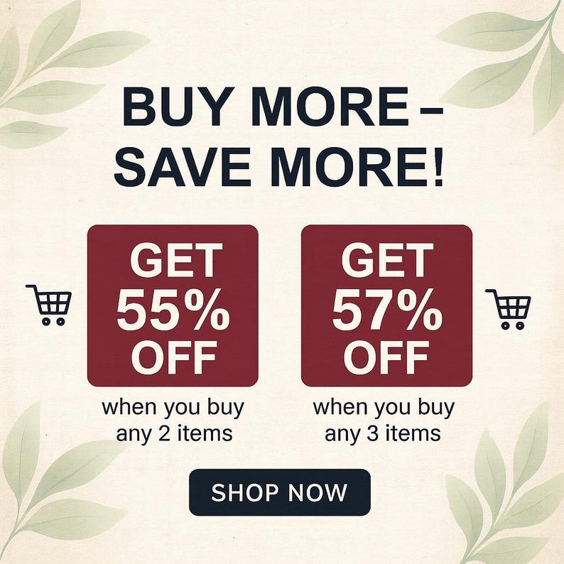 May include: An advert with the text "BUY MORE - SAVE MORE!" Two maroon rectangles display "GET 55% OFF" and "GET 57% OFF" with shopping cart icons. The text "SHOP NOW" is on a black button.