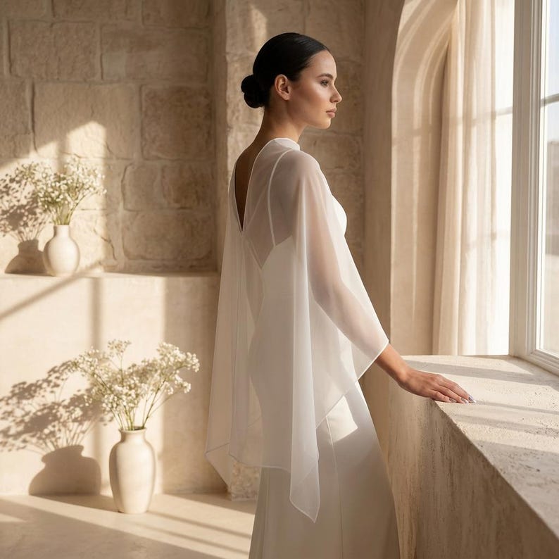 May include: A white sleeveless gown featuring a sheer, flowing chiffon capelet overlay that drapes over the shoulders and back. The garment has a high neckline and a fitted silhouette, crafted from lightweight, semi-transparent fabric.