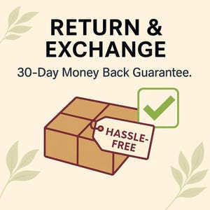 May include: Illustration of a brown cardboard box with a white tag that says "Hassle-Free." The text "Return & Exchange" and "30-Day Money Back Guarantee" are displayed above the box. A green checkmark is in a green square.