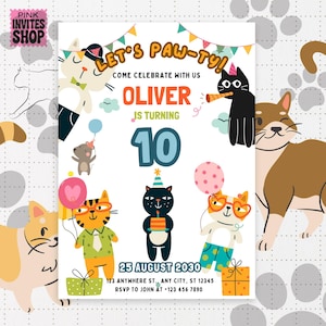 Editable Cat Birthday Invitation, Cat Theme Birthday Invitation, Are You Kitten Me Birthday, Paw-ty Birthday Invite, Rainbow, Digital