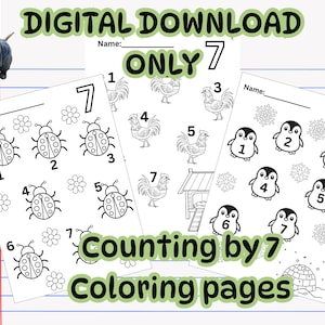 May include: Digital download of three black and white coloring pages. Each page features the number 7 with illustrations of ladybugs, roosters, penguins, and snowflakes. The text "Counting by 7 Coloring pages" is also included.