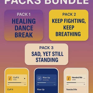 以下が含まれることがあります： 3つのプレイリストパックを宣伝する画像。「Healing Dance Break」、「Keep Fighting, Keep Breathing」、「Sad, Yet Still Standing」の3つ。各パックはテキスト付きの色の長方形で表示。下には、各プレイリストのプレビューが表示されています。
