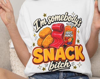 Snack Bitch graphic T-shirt, chips and punch illustration