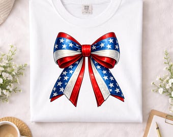 4th of July Bow Tee, Patriotic American Flag Shirt, Comfort Colors Garment-Dyed