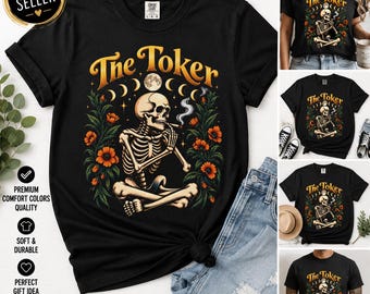 Toker Skeleton Smoking Floral T-shirt | Retro Skull Smoking Tee