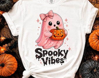 Pink Bow Ghost Spooky Vibes T-shirt | Halloween Kawaii Pumpkin