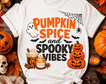 Pumpkin Spice and Spooky Vibes T-shirt | Halloween Pumpkin Ghost Design