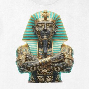 Peut inclure: T-shirt blanc avec un graphisme détaillé d'un pharaon égyptien. Le pharaon est représenté avec une coiffe dorée, des accents turquoise et or, et les bras croisés. Le motif est centré sur le devant du t-shirt.