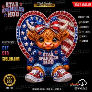 May include: A digital design of a cartoon Highland cow in a blue hoodie with "Star Spangled Moo" text, denim jeans, and red, white, and blue trainers. The cow is set against a heart-shaped background with a patriotic theme.